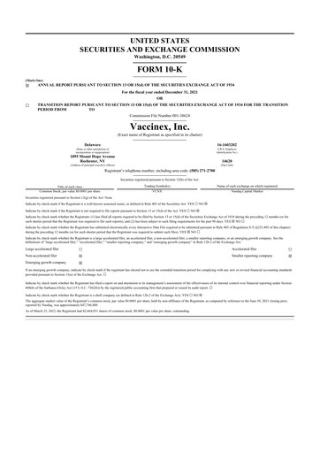 Miniature Vaccinex 10-K Rapport annuel 2021