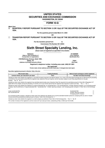 Thumbnail Sixth Street Specialty Lending 10-Q Quarterly Report FY 