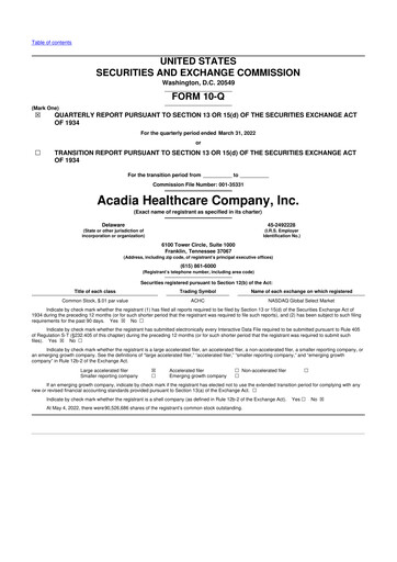 Thumbnail Acadia Healthcare
 10-Q Quarterly Report FY2022 