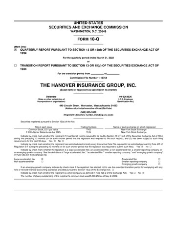 Thumbnail Hanover Insurance Group 10-Q Quarterly Report FY 