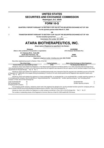 Miniature Atara Biotherapeutics 10-Q Rapport trimestriel  