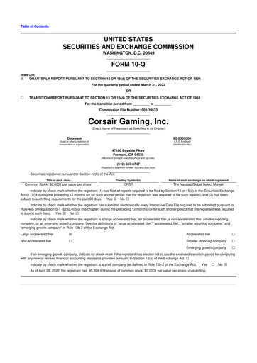 Thumbnail Corsair Gaming
 10-Q Quarterly Report FY2022 