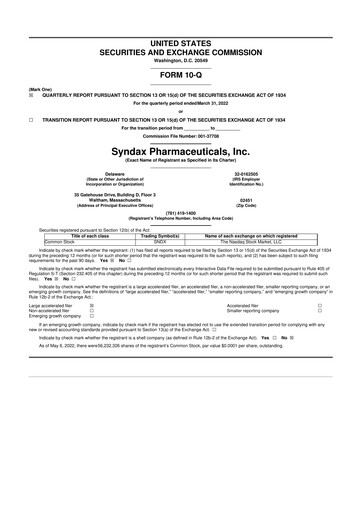 Thumbnail Syndax Pharmaceuticals 10-Q Quarterly Report FY 