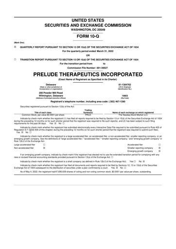 Miniature Prelude Therapeutics 10-Q Rapport trimestriel 2022 