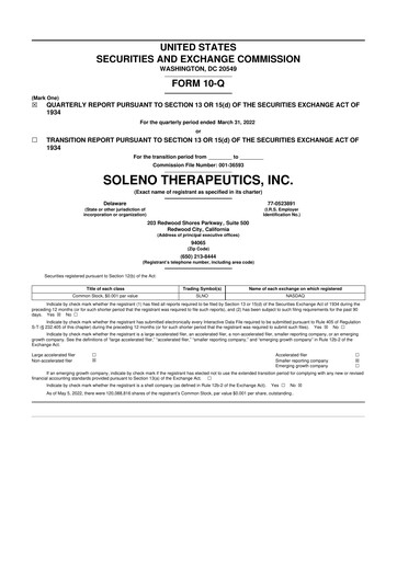 Miniature Soleno Therapeutics 10-Q Rapport trimestriel 2022 