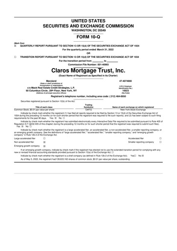 Miniature Claros Mortgage Trust 10-Q Rapport trimestriel 2022 