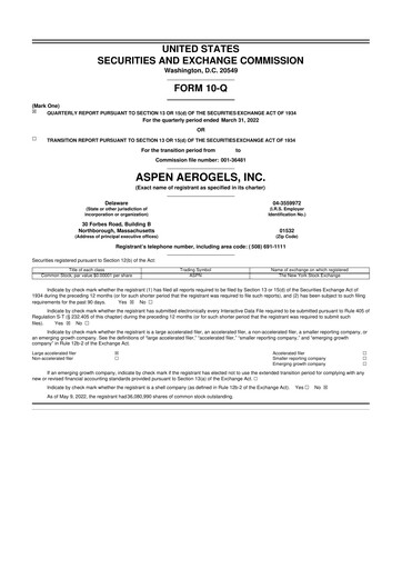 Miniature Aspen Aerogels 10-Q Rapport trimestriel 2022 