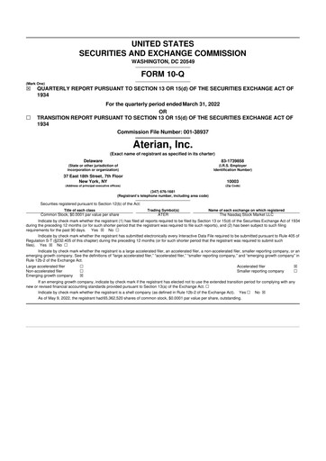 Miniature Aterian 10-Q Rapport trimestriel 2022 