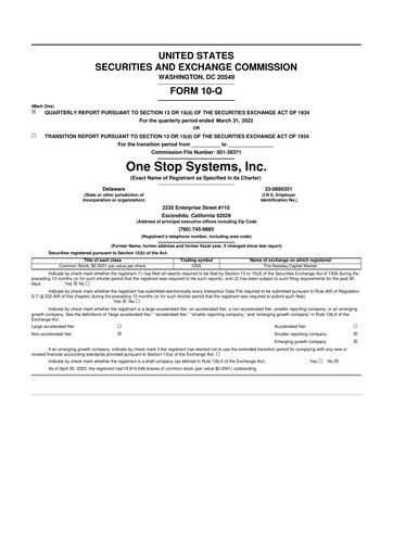 Thumbnail One Stop Systems 10-Q Quarterly Report FY2022 