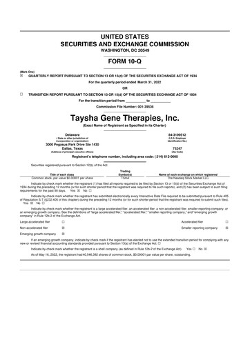 Thumbnail Taysha Gene Therapies 10-Q Quarterly Report FY2022 
