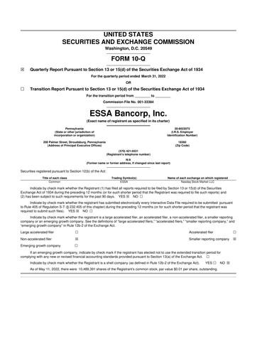Thumbnail ESSA Bancorp 10-Q Quarterly Report FY2022 