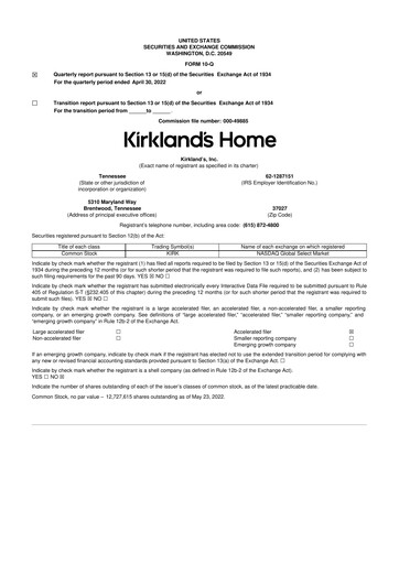 Thumbnail Kirkland's 10-Q Quarterly Report FY 