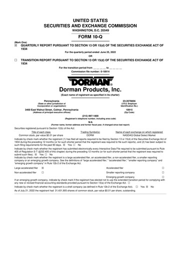 Thumbnail Dorman Products 10-Q Quarterly Report FY2022 