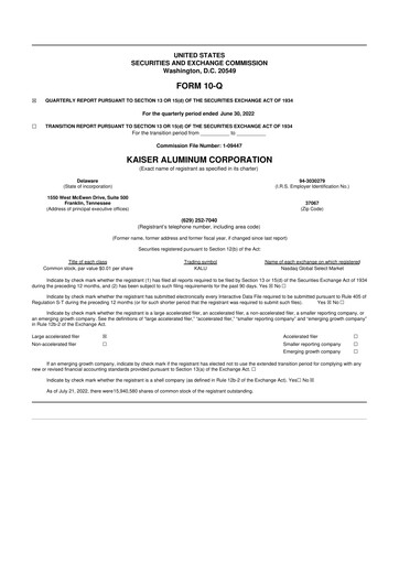 Thumbnail Kaiser Aluminum
 10-Q Quarterly Report FY 