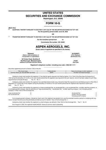 Miniature Aspen Aerogels 10-Q Rapport trimestriel 2022 