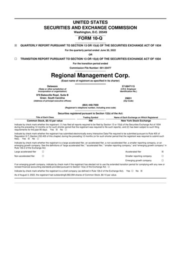 Thumbnail Regional Management Corp.
 10-Q Quarterly Report FY 
