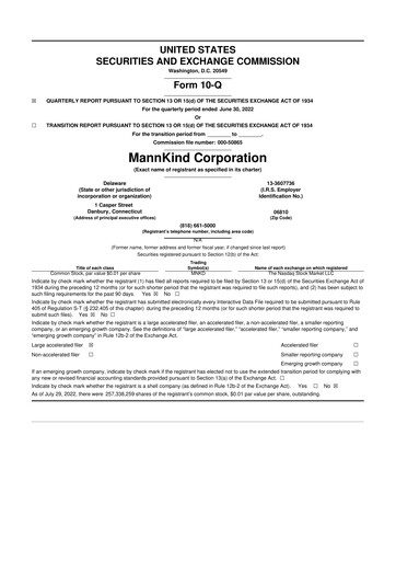 Thumbnail MannKind Corp 10-Q Quarterly Report FY2022 
