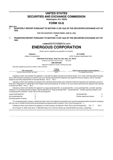 Miniature Energous 10-Q Rapport trimestriel 2022 