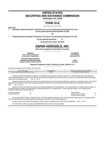 Miniature Aspen Aerogels 10-Q Rapport trimestriel 2022 