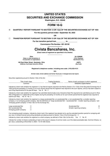 Thumbnail Civista Bancshares
 10-Q Quarterly Report FY2022 