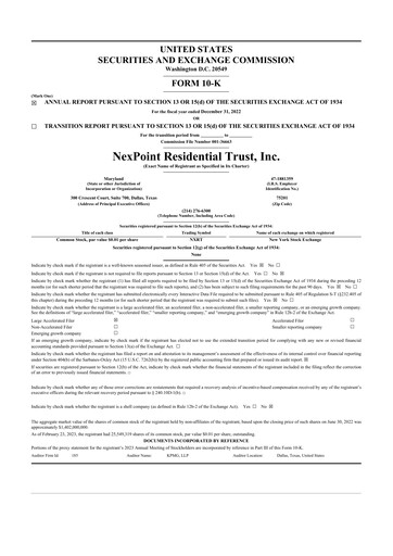 Thumbnail NexPoint Residential Trust 10-K Annual Report 2022