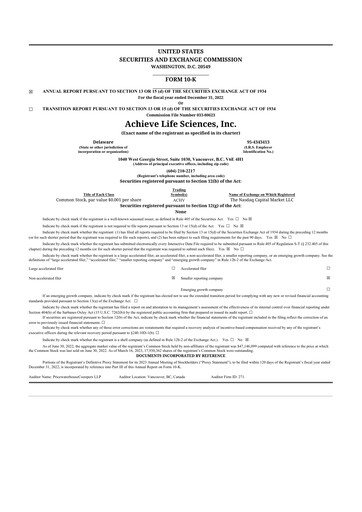 Thumbnail Achieve Life Sciences
 10-K Annual Report 2022