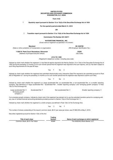 Thumbnail Waterstone Financial 10-Q Quarterly Report FY2019 