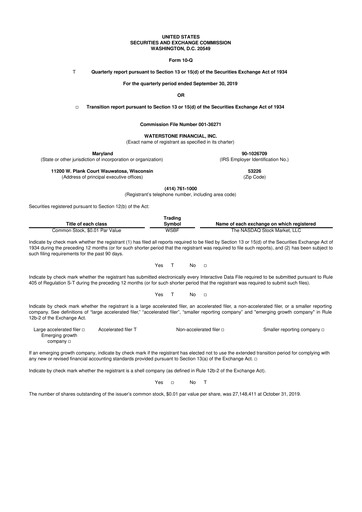 Thumbnail Waterstone Financial 10-Q Quarterly Report FY2019 