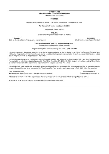 Miniature RPC, Inc. 10-Q Rapport trimestriel 2014 