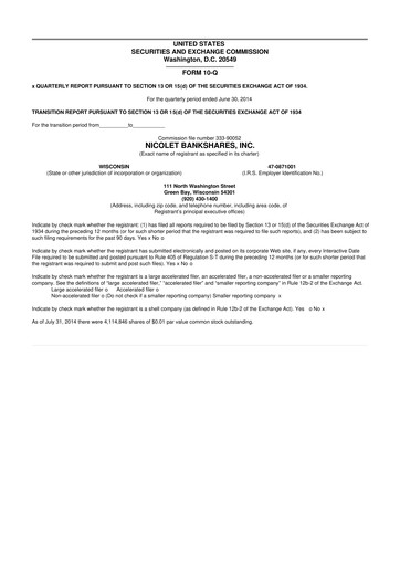 Thumbnail Nicolet Bankshares 10-Q Quarterly Report FY2014 