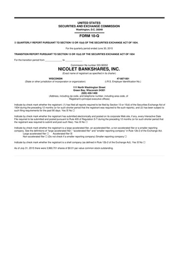 Thumbnail Nicolet Bankshares 10-Q Quarterly Report FY2015 