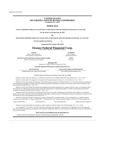 Thumbnail Oconee Federal Financial 10-K Annual Report 2015