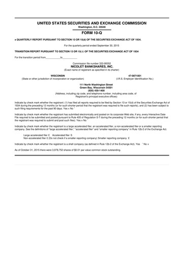 Thumbnail Nicolet Bankshares 10-Q Quarterly Report FY2015 