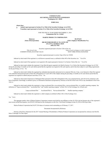 Thumbnail Marine Products Corporation 10-K Annual Report 2016