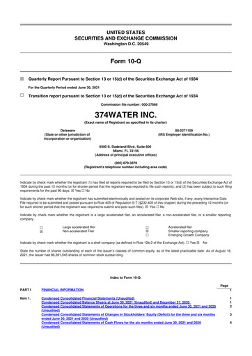 Miniature 374Water 10-Q Rapport trimestriel  