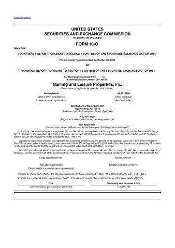 Thumbnail Gaming and Leisure Properties
 10-Q Quarterly Report FY2014 