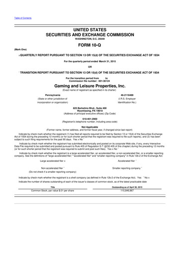 Thumbnail Gaming and Leisure Properties
 10-Q Quarterly Report FY2015 