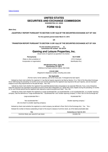 Thumbnail Gaming and Leisure Properties
 10-Q Quarterly Report FY2016 