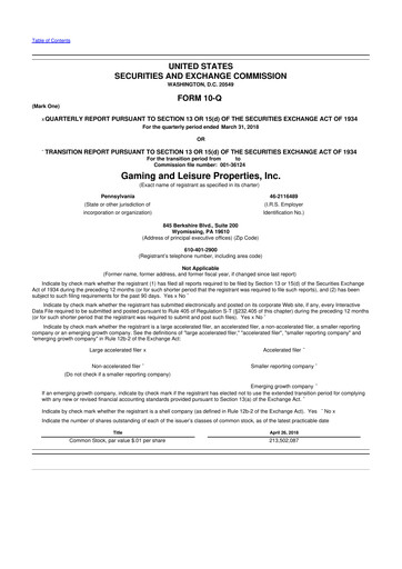 Thumbnail Gaming and Leisure Properties
 10-Q Quarterly Report FY2018 