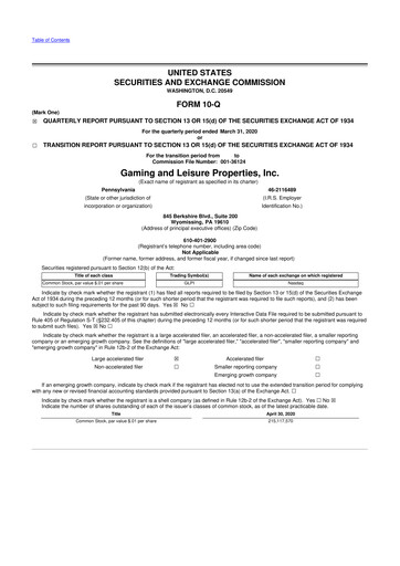 Thumbnail Gaming and Leisure Properties
 10-Q Quarterly Report FY2020 