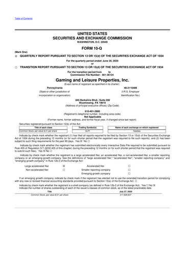 Thumbnail Gaming and Leisure Properties
 10-Q Quarterly Report FY2020 