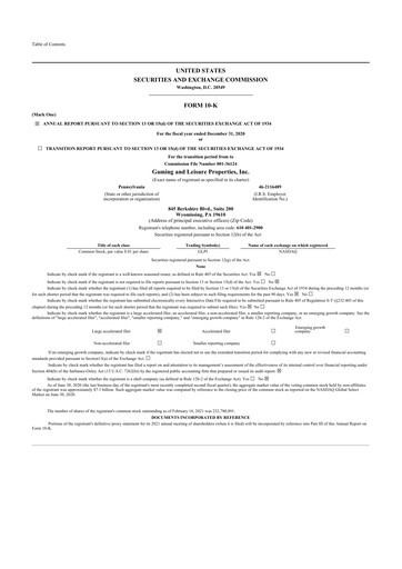 Thumbnail Gaming and Leisure Properties
 10-K Annual Report 2020