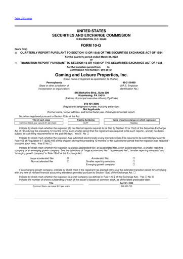 Thumbnail Gaming and Leisure Properties
 10-Q Quarterly Report FY2023 