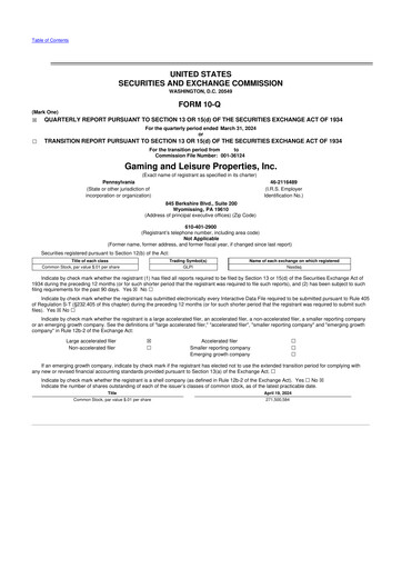 Thumbnail Gaming and Leisure Properties
 10-Q Quarterly Report FY2024 