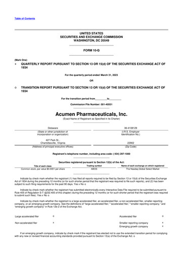 Miniature Acumen Pharmaceuticals 10-Q Rapport trimestriel 2023 