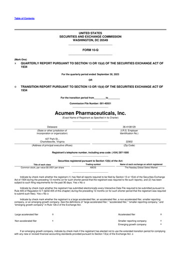 Miniature Acumen Pharmaceuticals 10-Q Rapport trimestriel 2023 