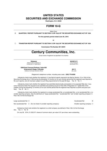 Thumbnail Century Communities
 10-Q Quarterly Report FY2016 
