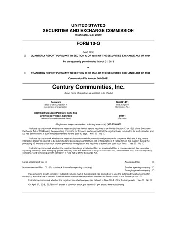 Thumbnail Century Communities
 10-Q Quarterly Report FY2018 