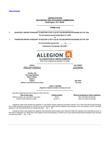 Thumbnail Allegion
 10-Q Quarterly Report FY 