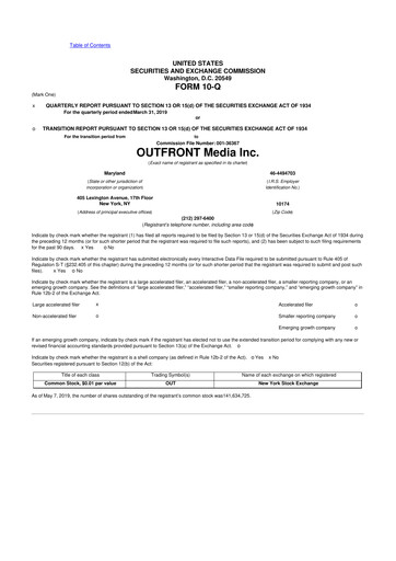Miniature Outfront Media
 10-Q Rapport trimestriel 2019 